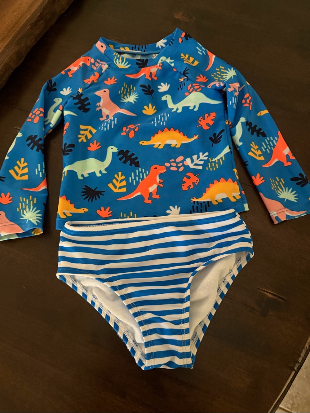 Cat & Jack Blue Dinosaur Rash Guard Swim Set with Orange & Green Accents